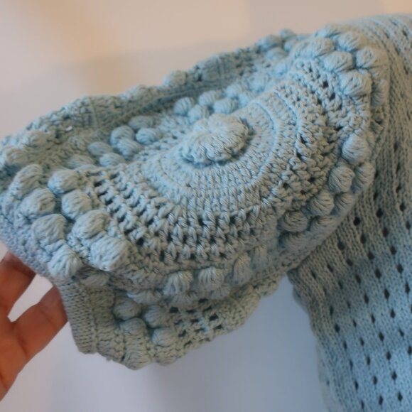 NWT Womens Stella Pardo Paris "Greta" Blue Crochet Short Sleeve Sweater L - Picture 4 of 6